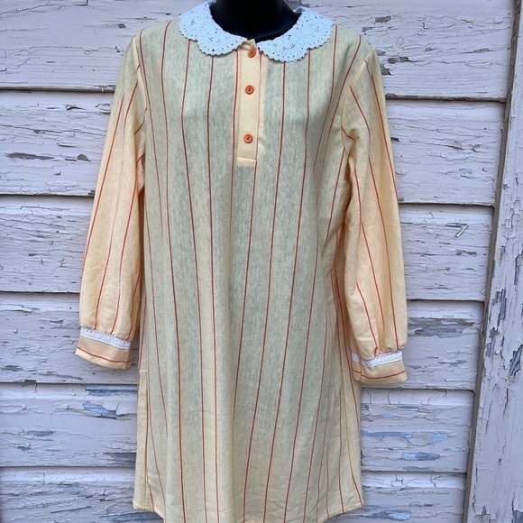 Vintage 60s 70s Donnkenny Striped Cotton Crochet Lace Shift Retro Dress L H5 - Picture 1 of 6